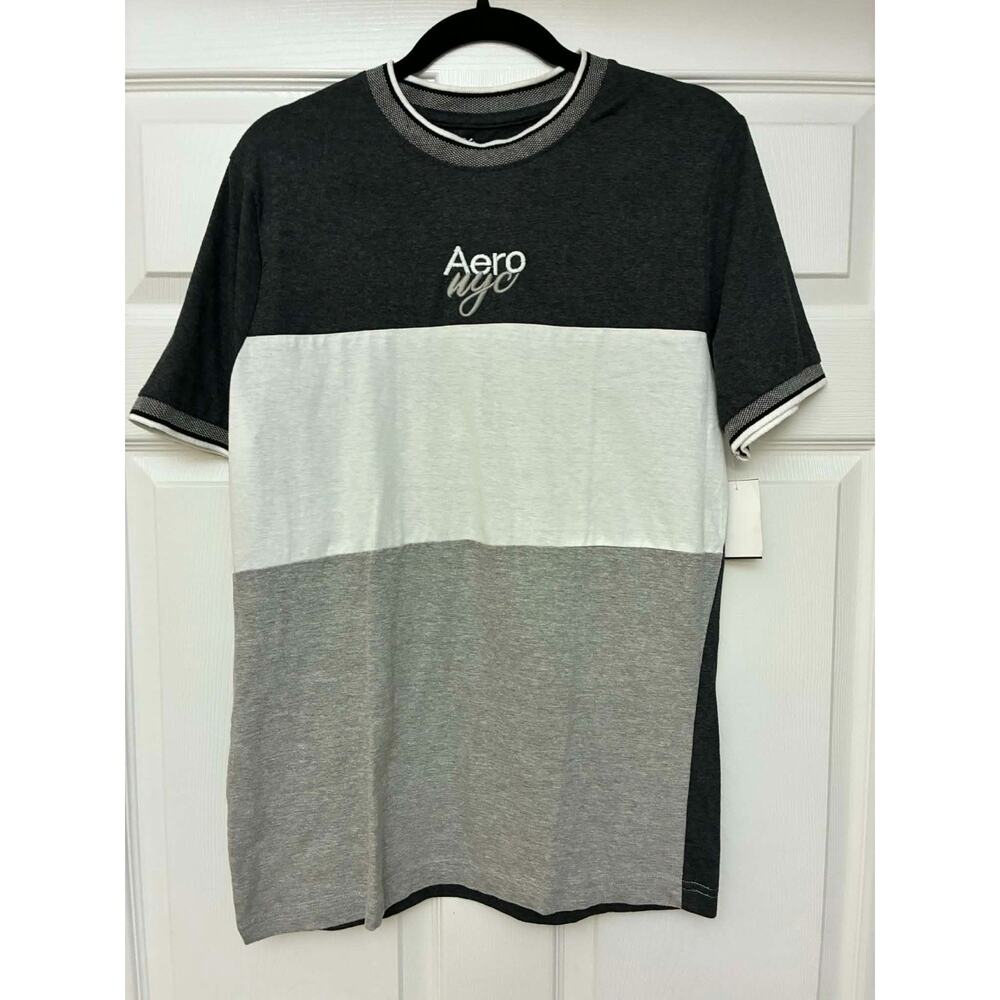 Aeropostale AERO‎ T-Shirt M Gray White Colorblock Embroidered Logo Casual Men's